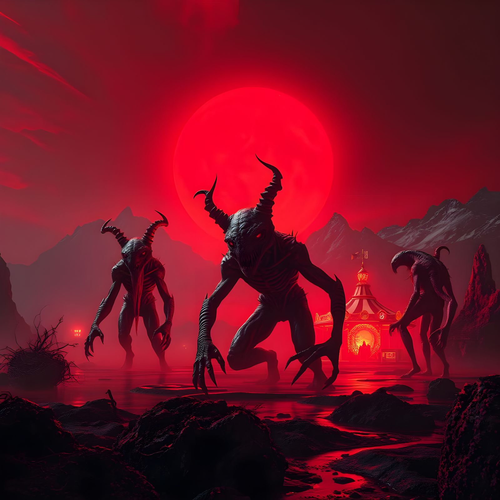 Surreal Nightmare Landscape with Cryptid Abominations