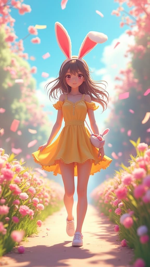 Elegant Woman Strolls Through Vibrant Easter Parade in 3D An...