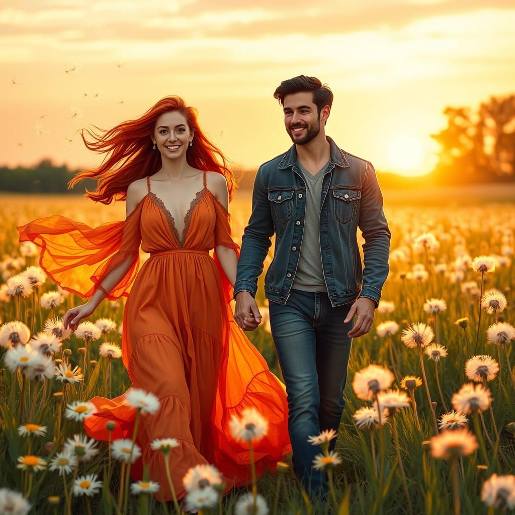 Romantic Sunset Scene in a Dandelion Field