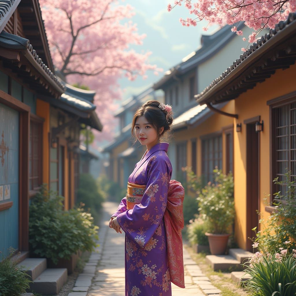 Kimono Woman in Quaint Village, Impressionistic Style