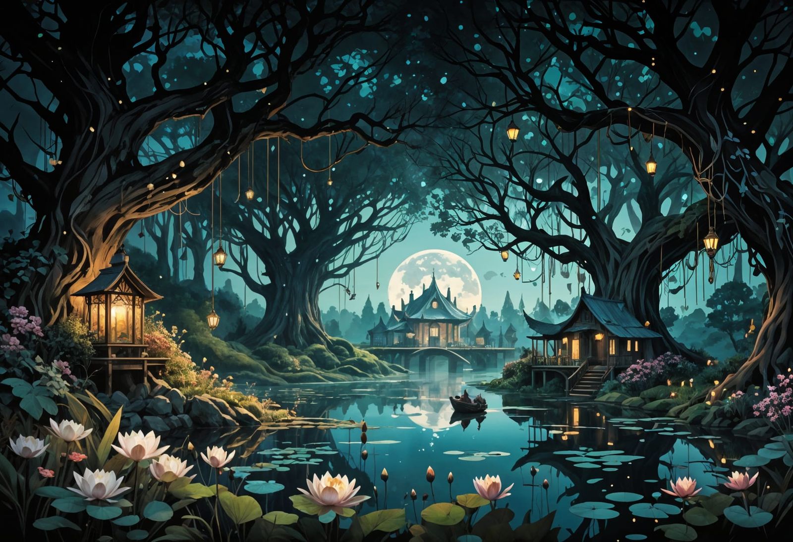 Enchanted Boathouse on Lake at Sunset