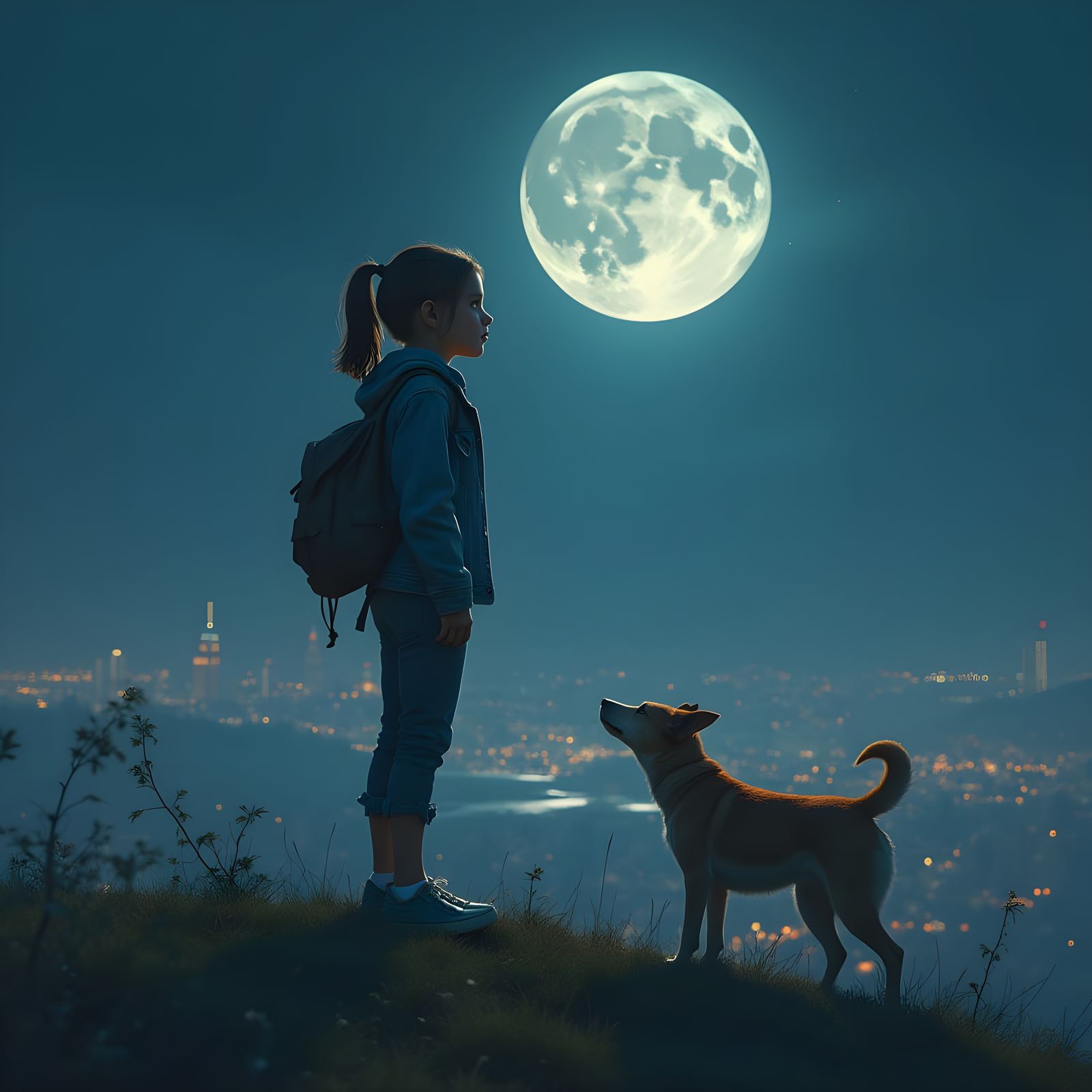 Teenage Girl Contemplates Moonlit Cityscape in Quest for Mis...