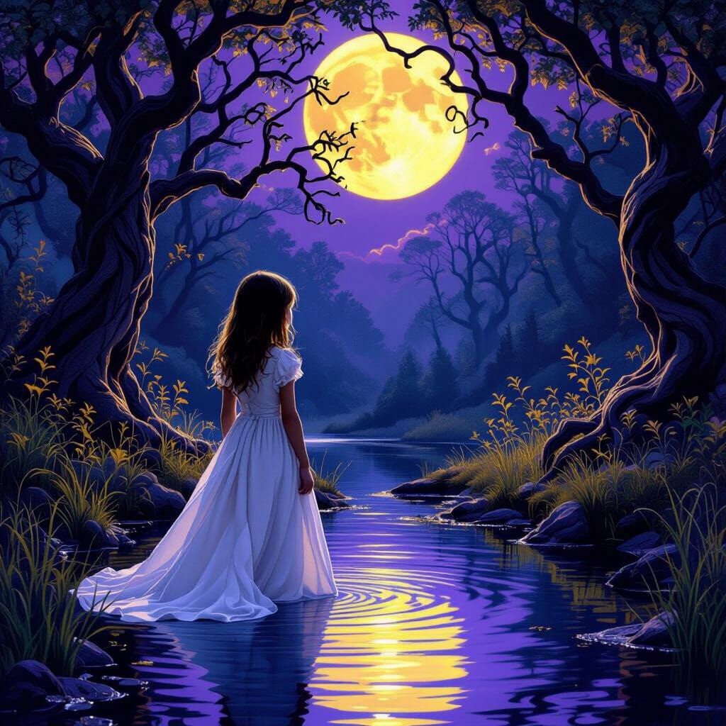 Mystical Forest Pond Reflection in Dark Fantasy Style