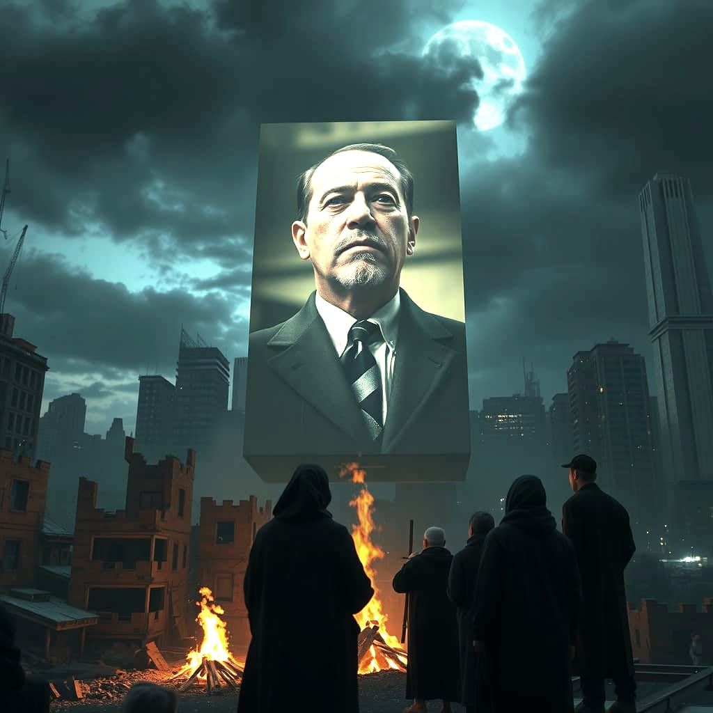Dictator Hologram Dominates Ruined City in Film Noir Style
