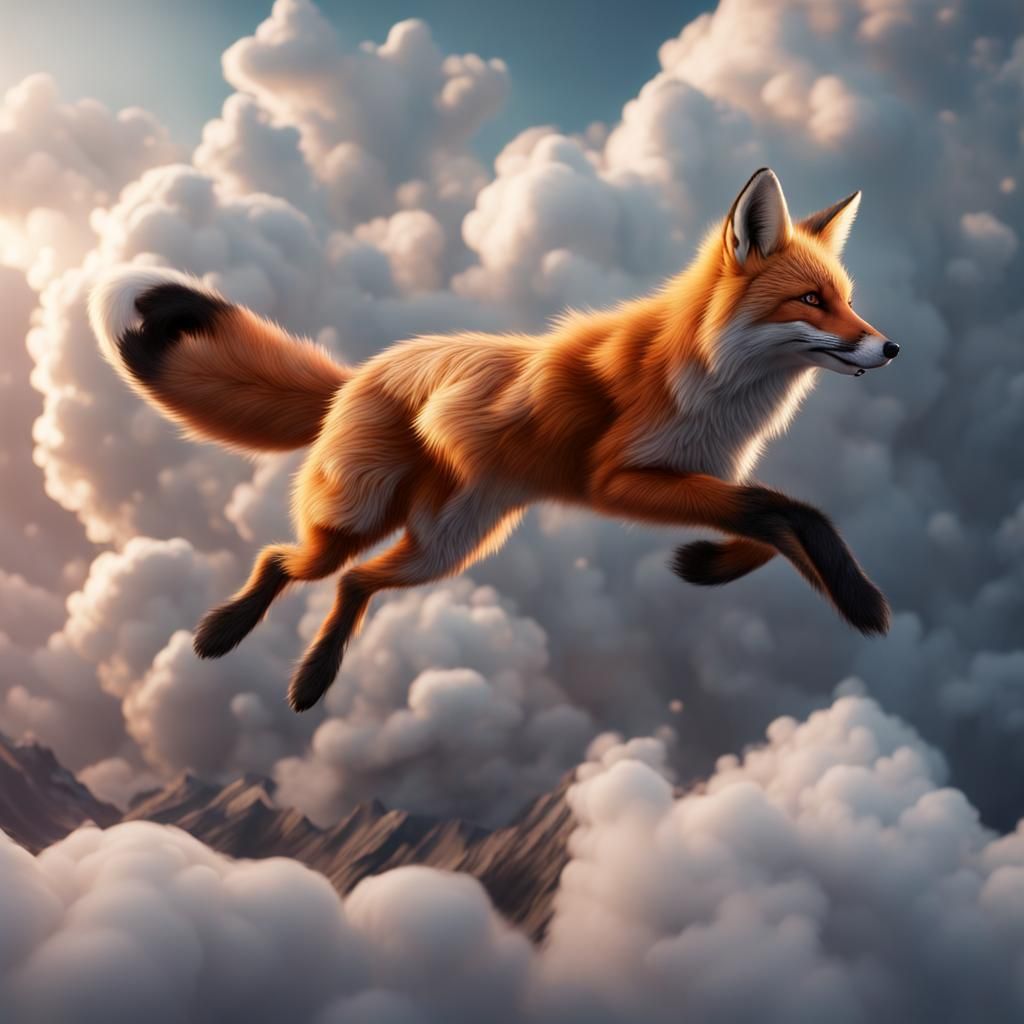 Cloud Fox Leaping in Sky: Fantasy Concept Art