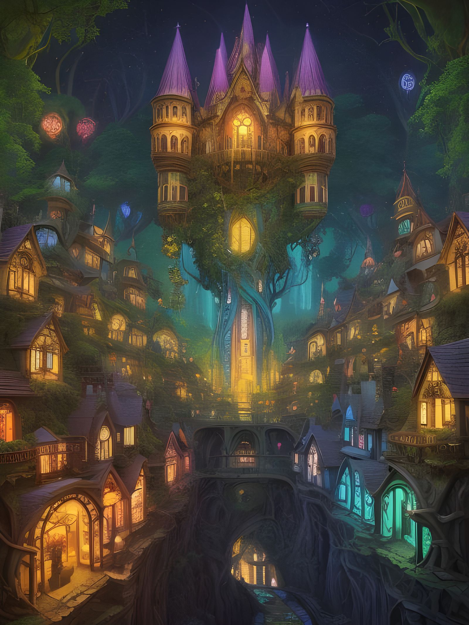 Magical Fairytale Village Optical Illusion in Goblincore Sty...