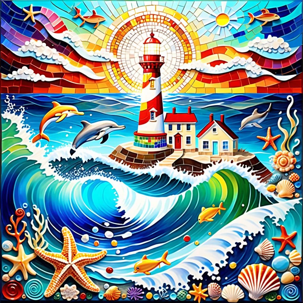 Vibrant Mosaic Lighthouse on Wavy Sea