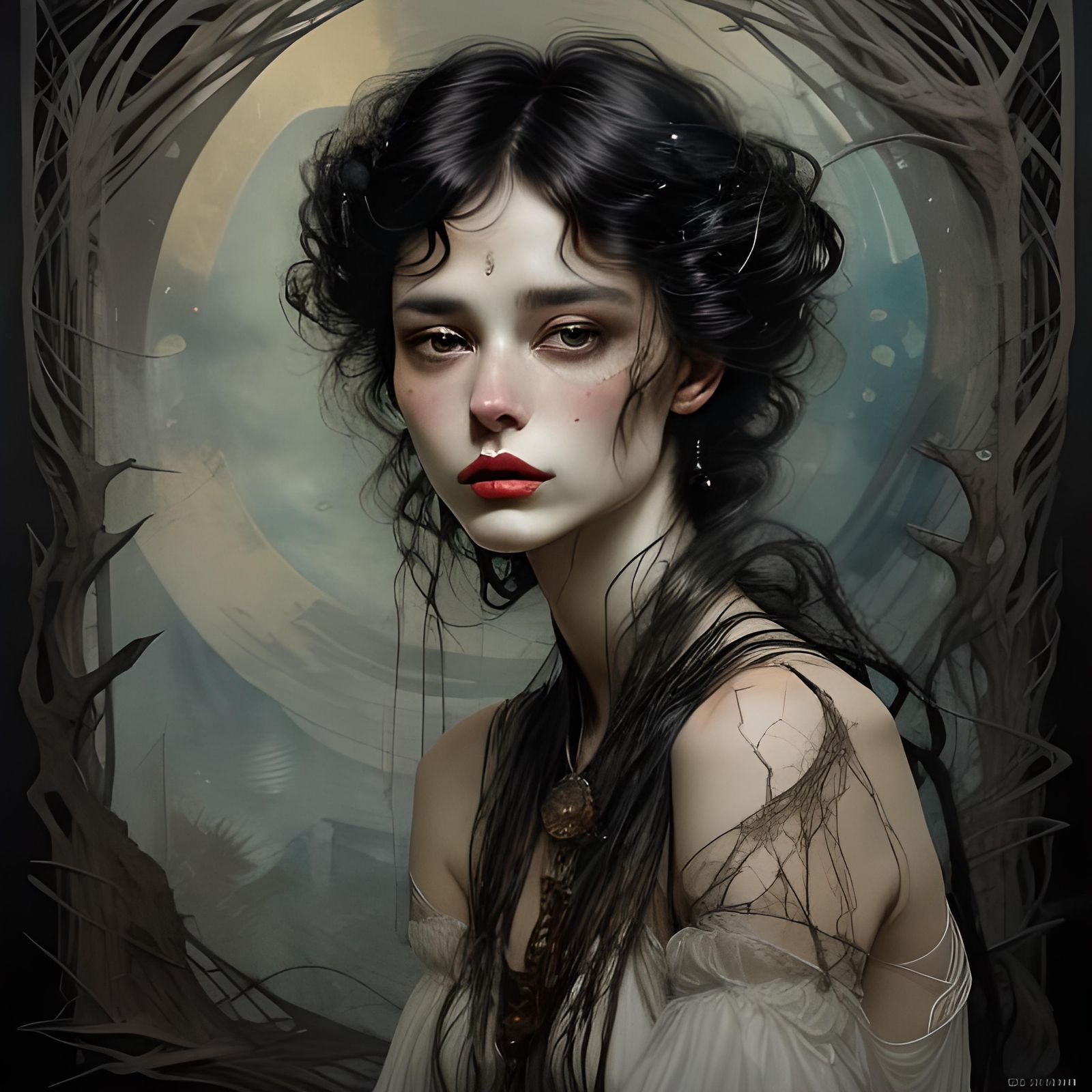 Grungy Ink Drawing of Fallen Beauty in Black and White