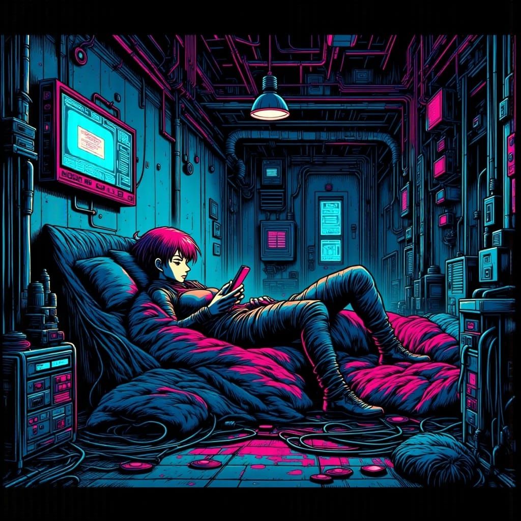 Technopunk Cyberhacker in Moody, Vibrant Anime Style