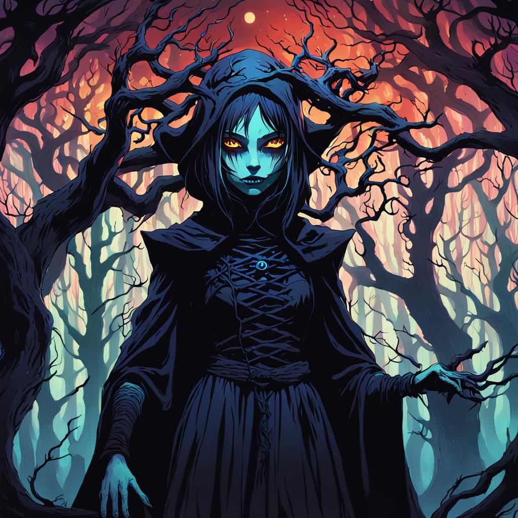 Dark Fantasy Witch Conjuring Death in Anime Style