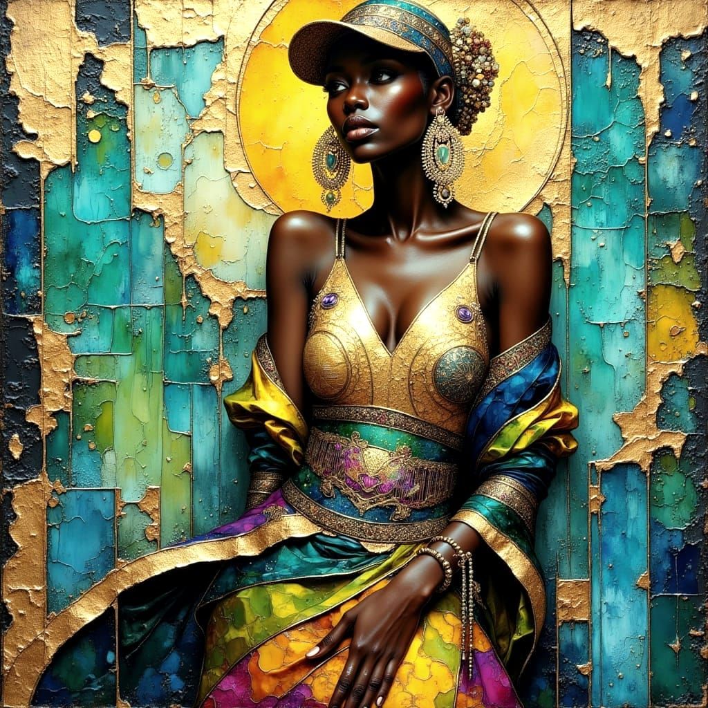 Stylish Woman with Gold Leaf in Impasto Style