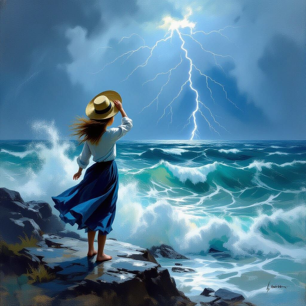Girl on Rock Facing Stormy Sea, Lightning Flashes