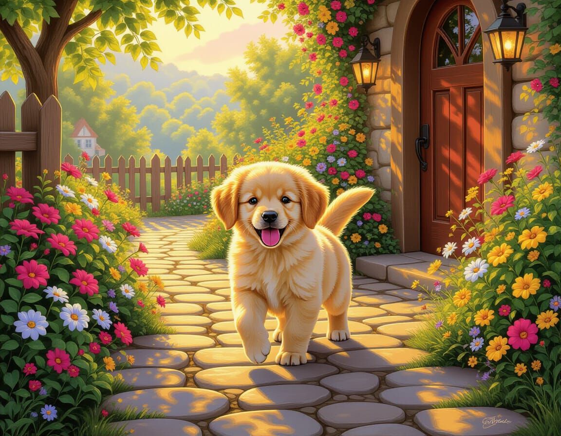 Golden Retriever Puppy in Cottagecore Flower Garden