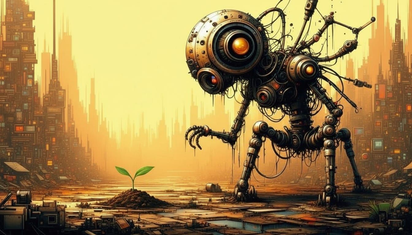 Urbanpunk Robot Tends Seeling in Retro-Futuristic City