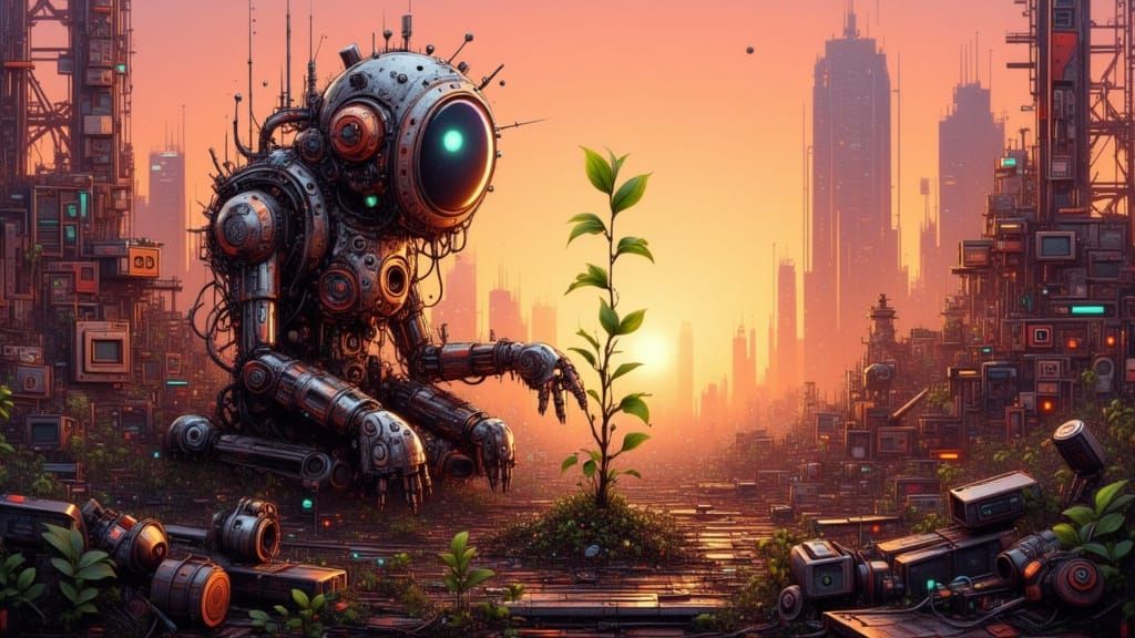 Urbanpunk Robot Tends Seedling in Retro-Tech City