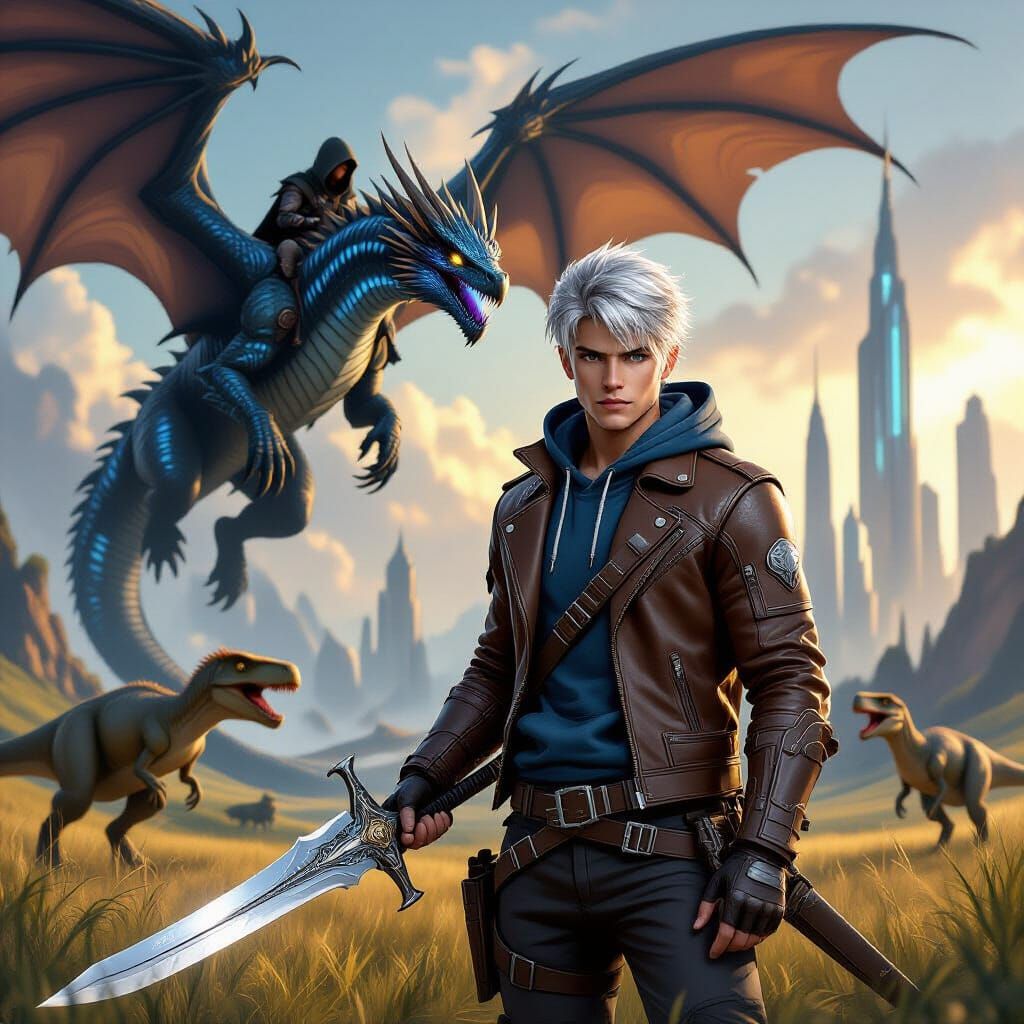 Adventurer Battles Dragon Amidst Sci-Fi Fantasy Landscape