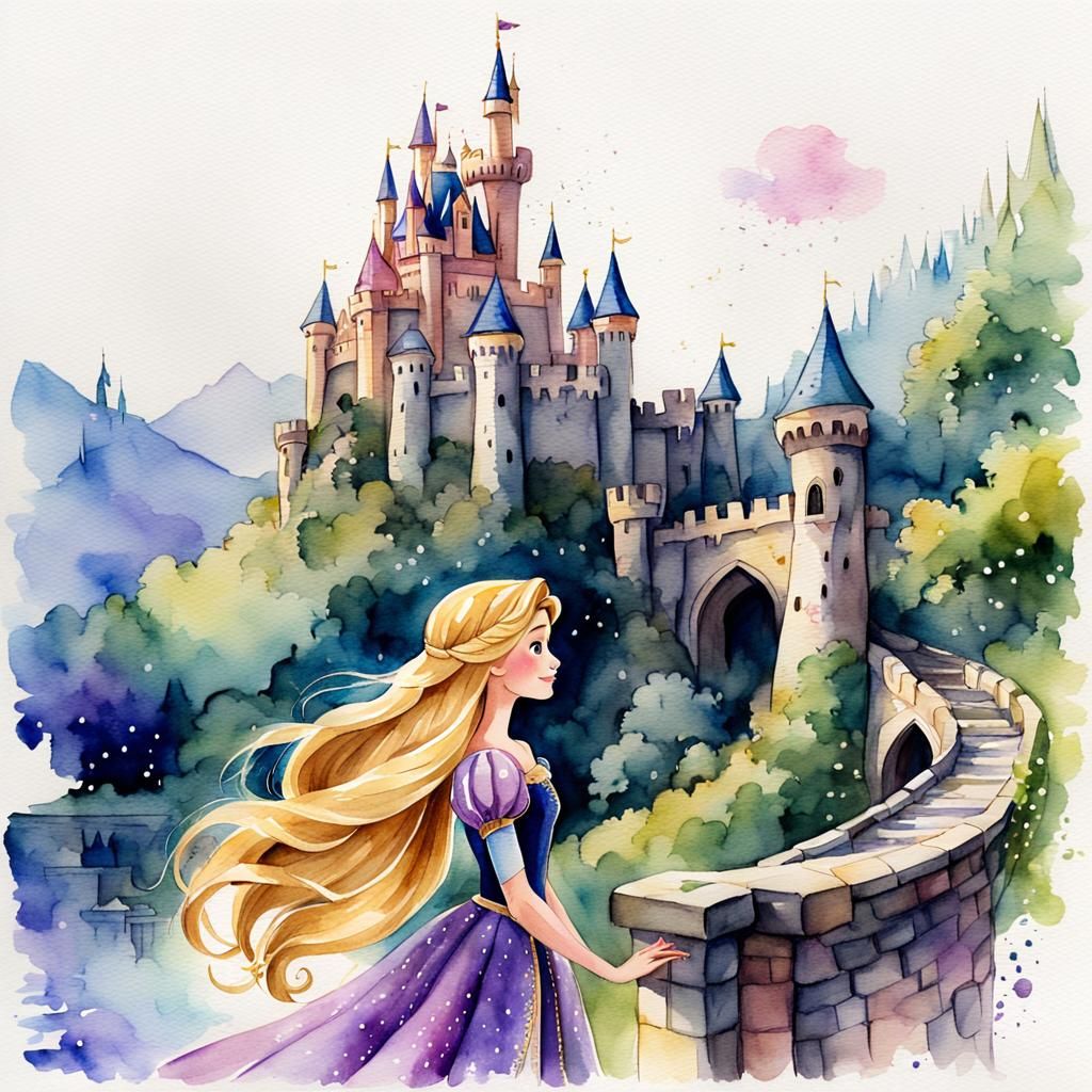 Rapunzel in Watercolor Fairytale Castle