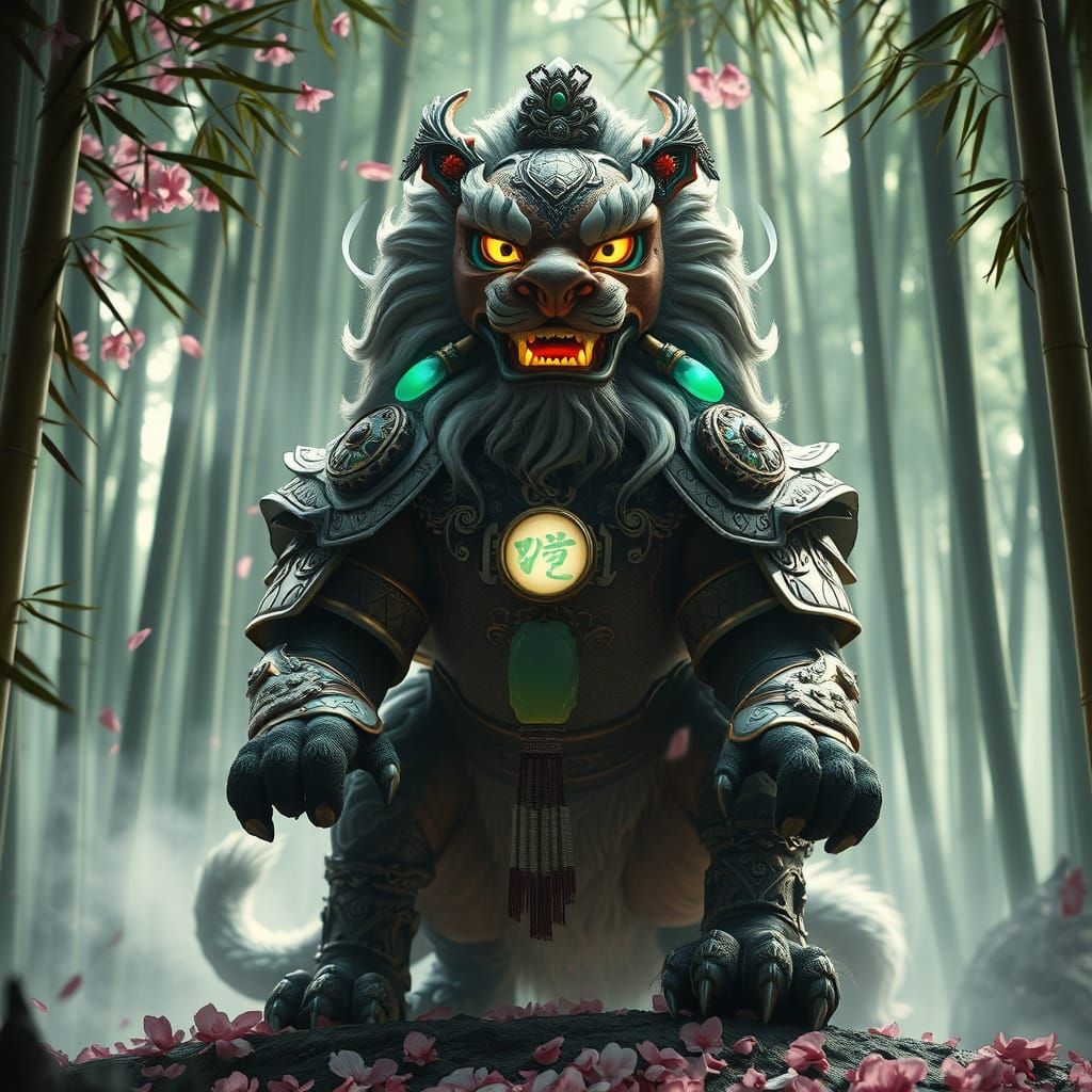 Armored Lion Spirit in Bamboo Forest: Eastern Fantasy