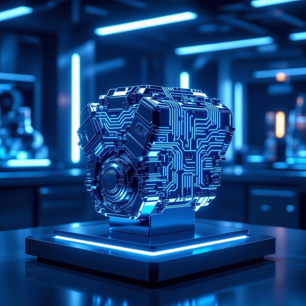Futuristic Engine Block with Glowing Circuits