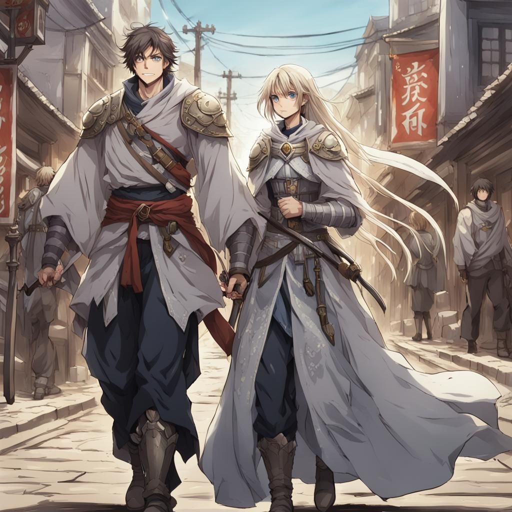 Anime Fantasy: Fighter and Cleric in Town