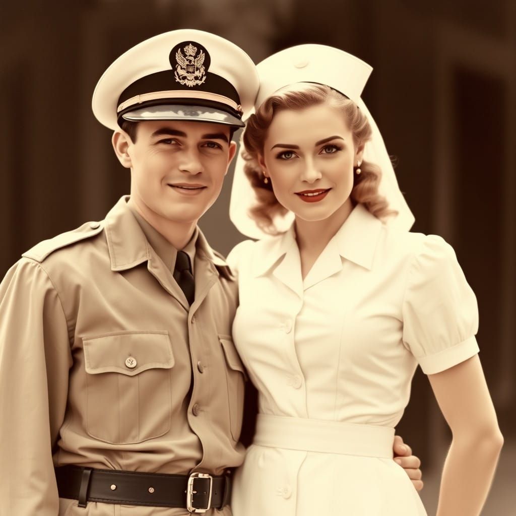 Nurse in WWII Era White Uniform with Husband