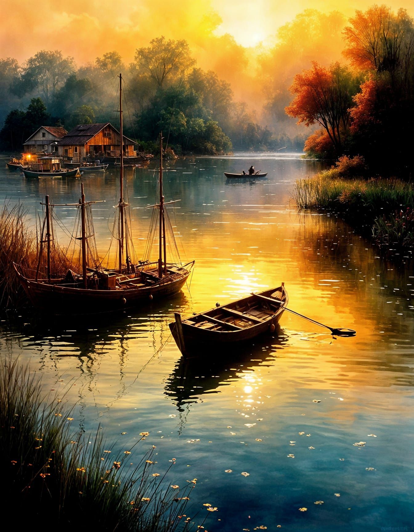 Peaceful Lake at Sunset with Fishing Boats