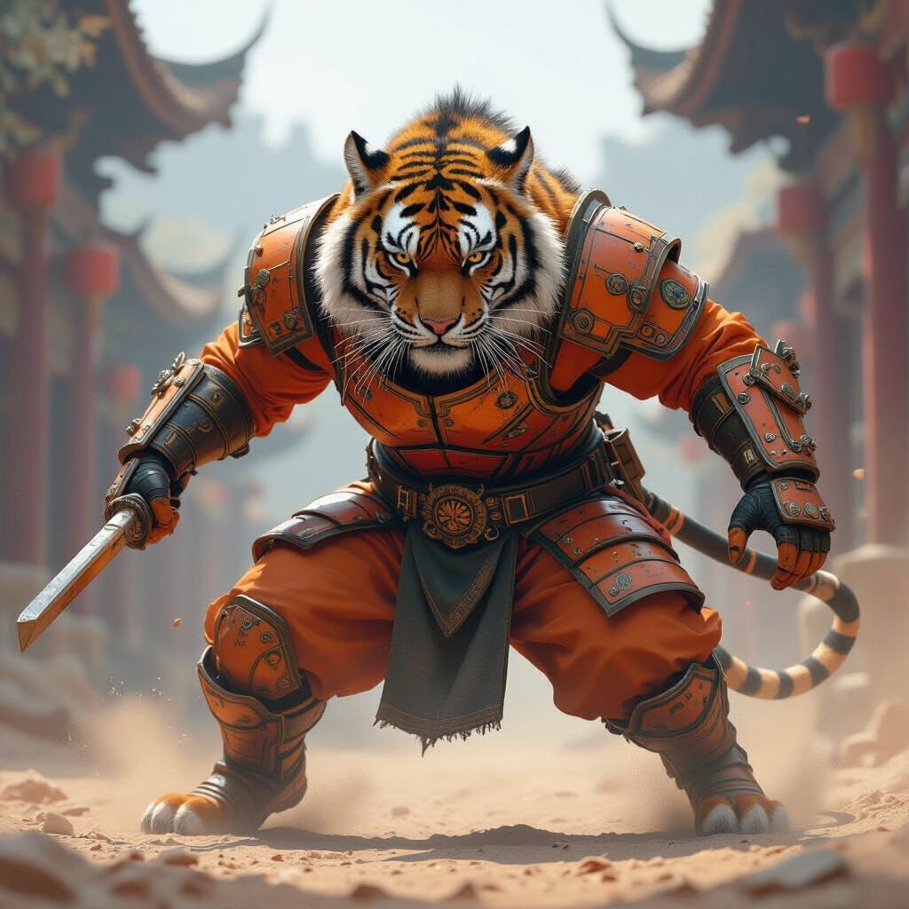 Tiger Warrior in Orange Armor Attacking