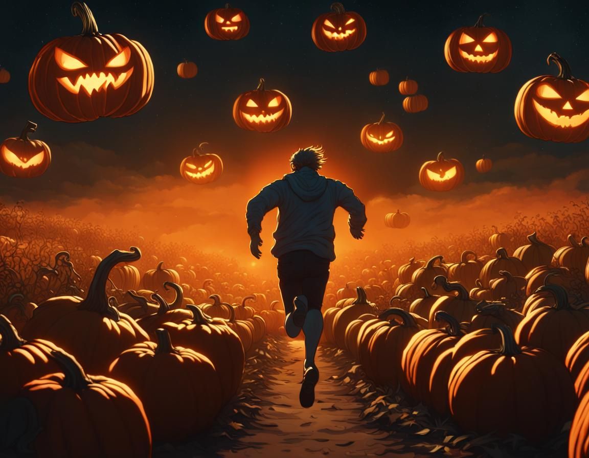 Man Fleeing Pumpkin-Headed Figures in Dark Fantasy Style