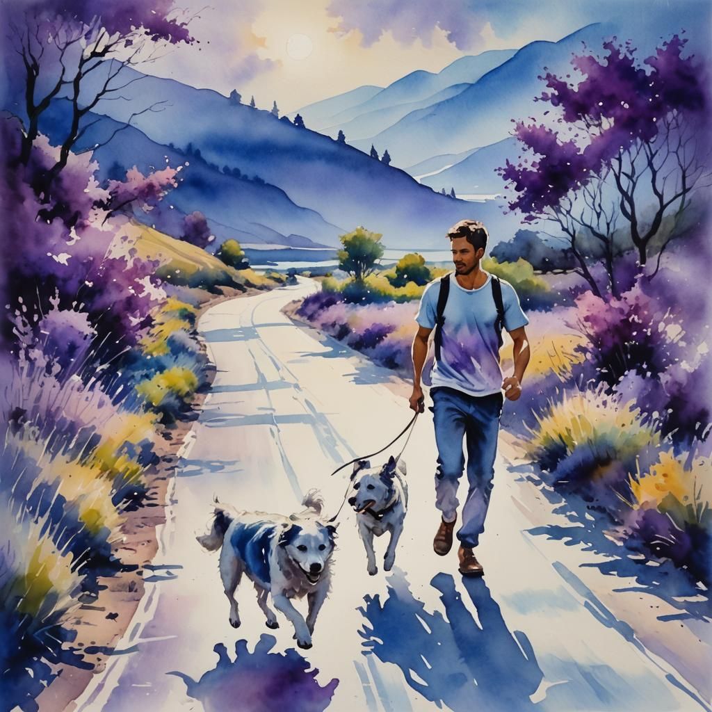 Man and Dog Running: Watercolor Fantasy Art
