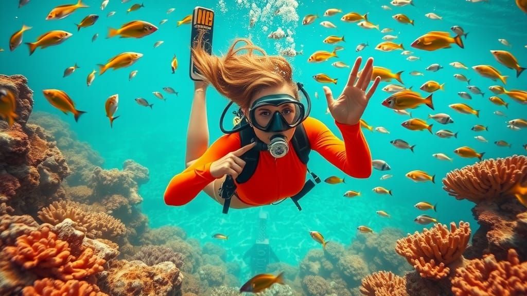 Underwater Diver Among Coral Reef in Hyperreal Style