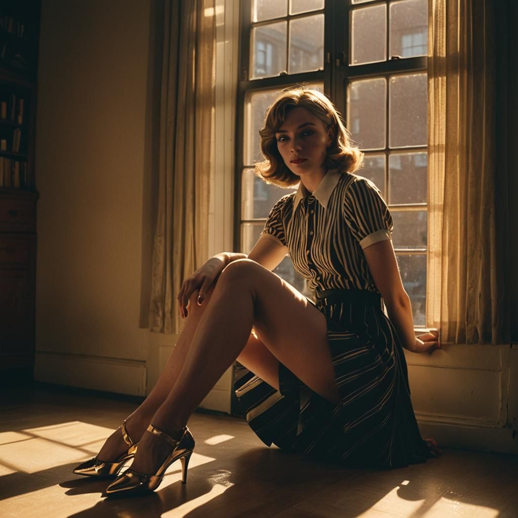 Cinematic Film Noir Portrait in Striped Mini Skirt