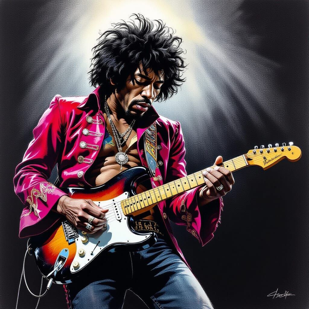 Jimi Hendrix Pencil Drawing in Dramatic Rock Art Style