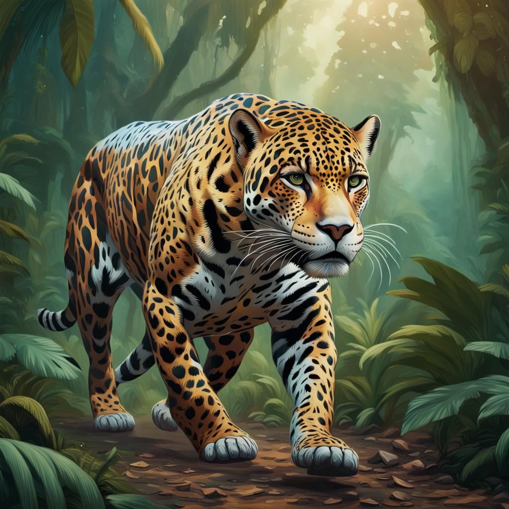 Hyperrealistic Jaguar Man Stroll in Jungle