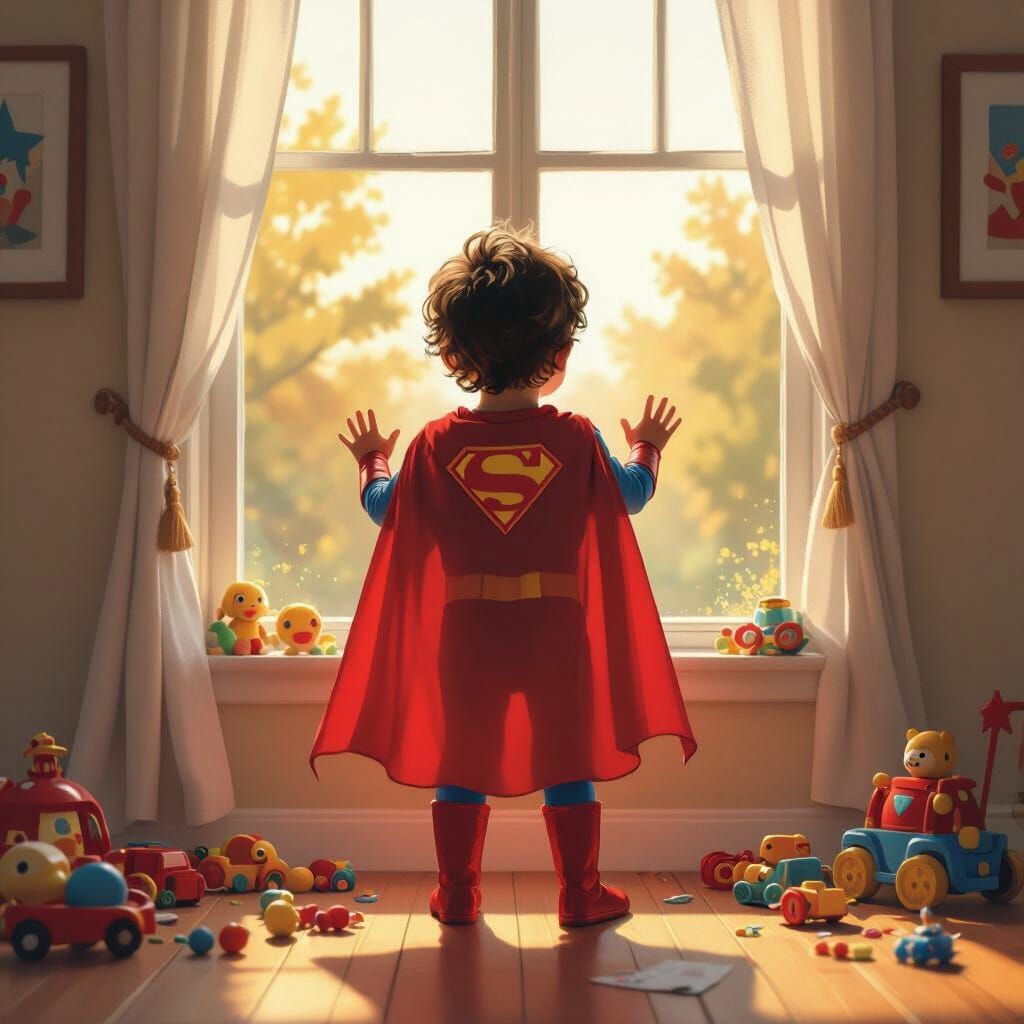 Child Becomes Superhero in Whimsical Morning Scene