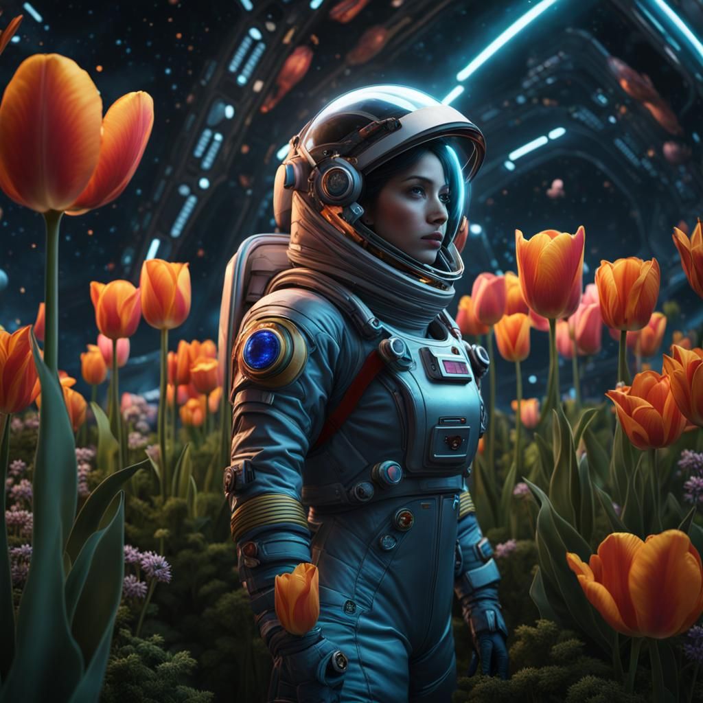 Girl in Spacesuit Exploring Alien Tulips