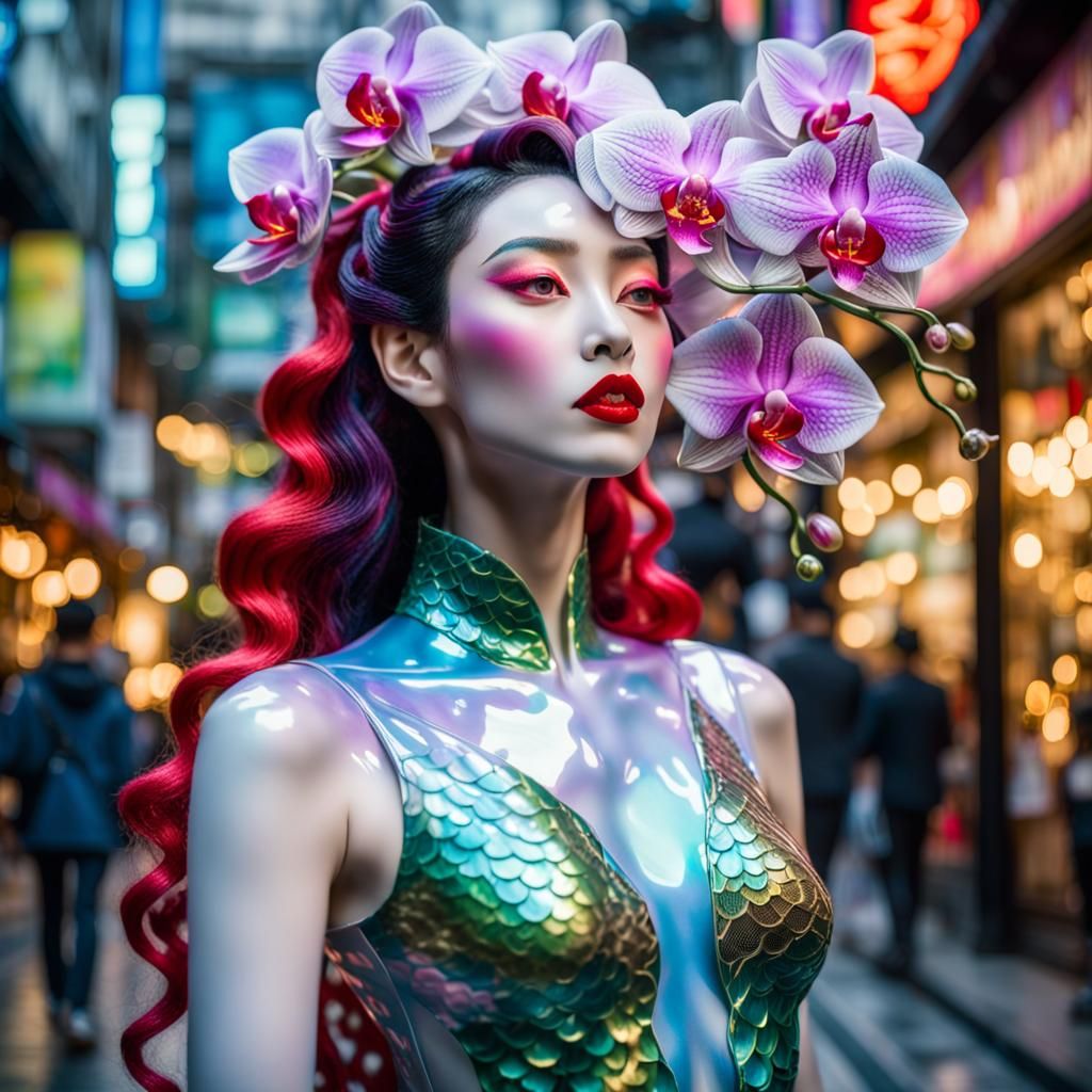 Holographic Asian Woman Kissing Dragon in Sci-Fi Style