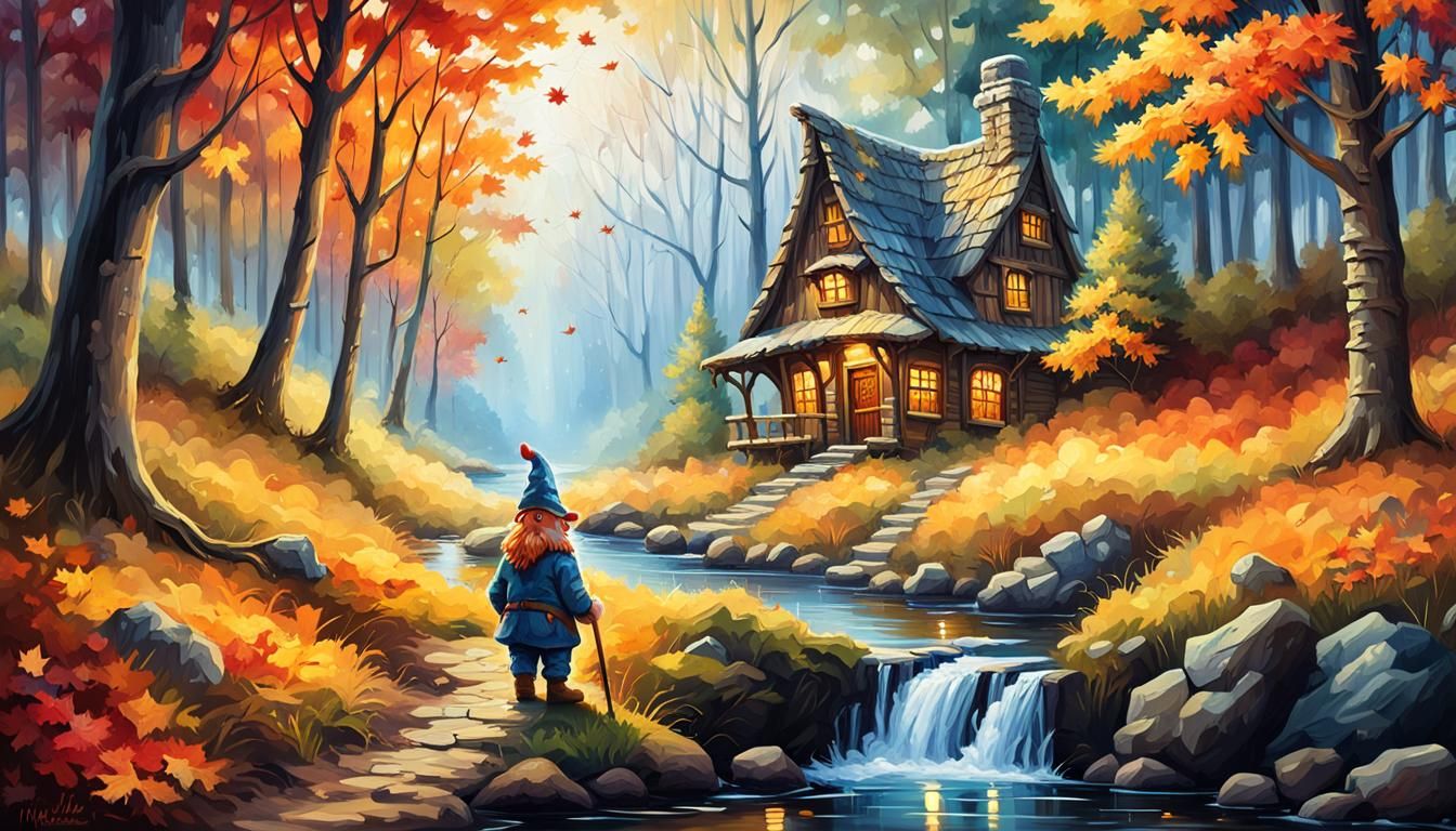 Gnome in Woods: Impasto Style Autumn Scene