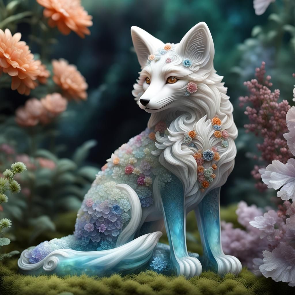 Crystalline Fox in Garden: Gemstone Carving, 8k