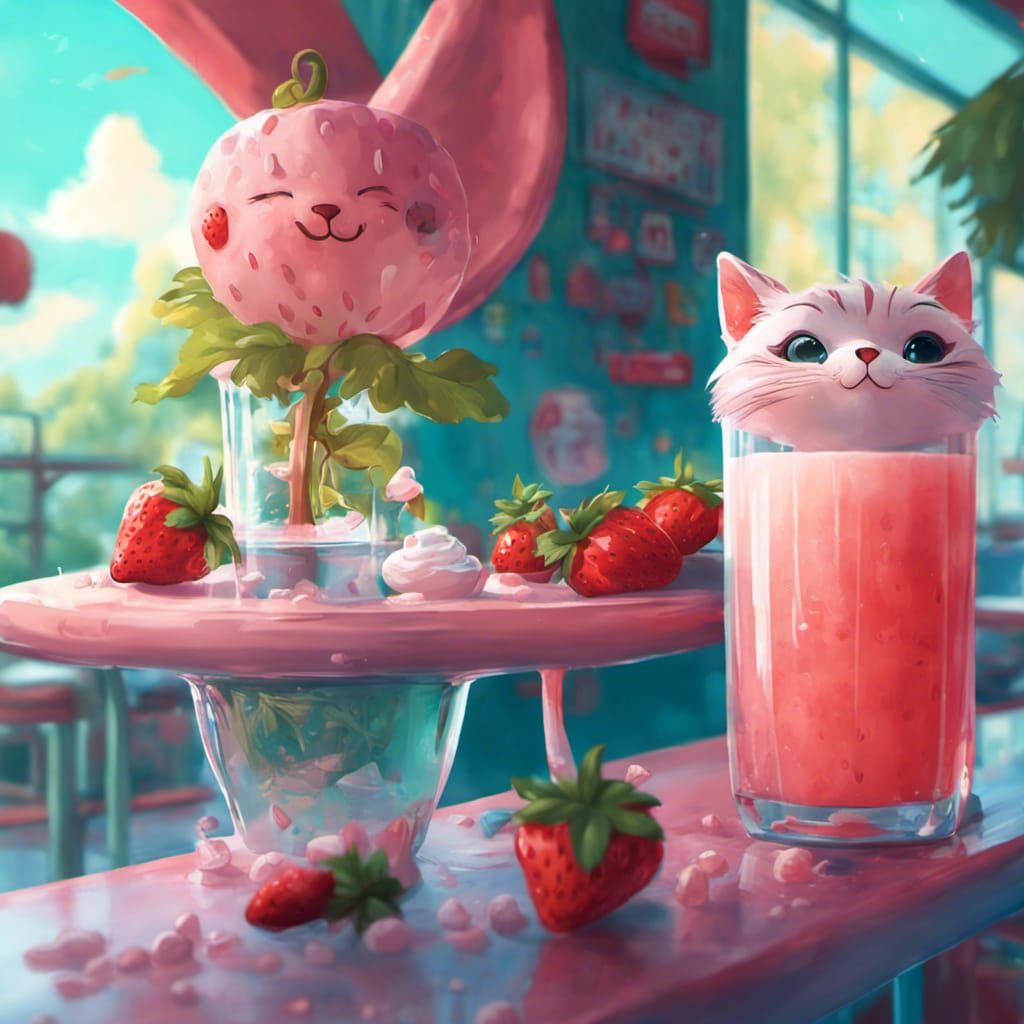Kawaii Strawberry Juice in Cat Cafe, Detailed Art