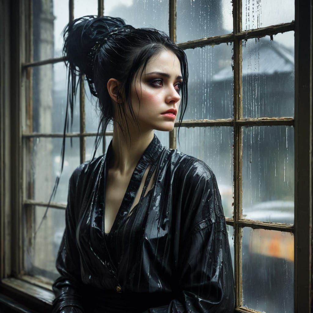 Ethereal Victorian Goth Lady Contemplates Rainy Morning
