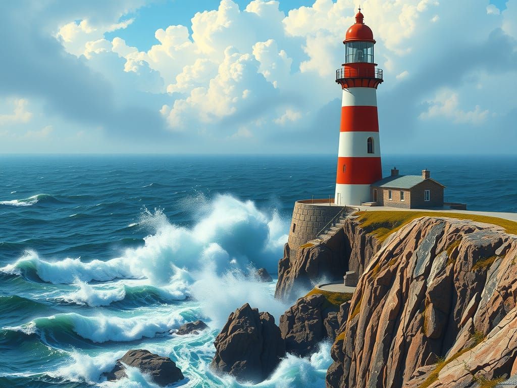 Majestic Red and White Striped Lighthouse on a Cliff Top