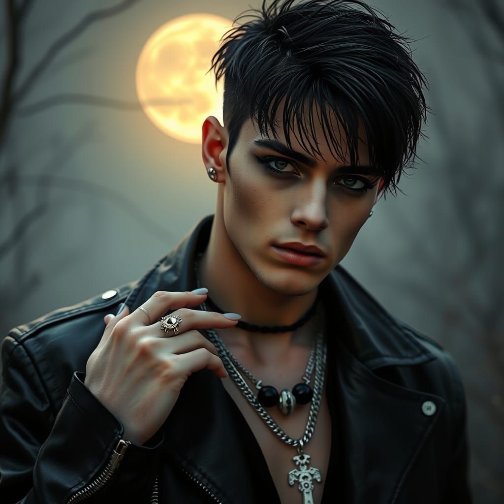 Goth Man Posing in Mystical Moonlight