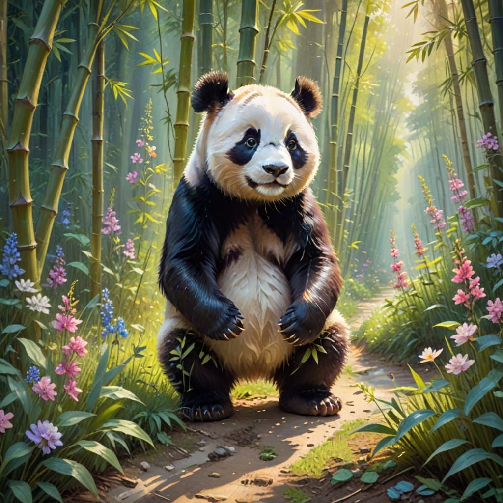 Panda in Bamboo Forest: Impressionistic Style