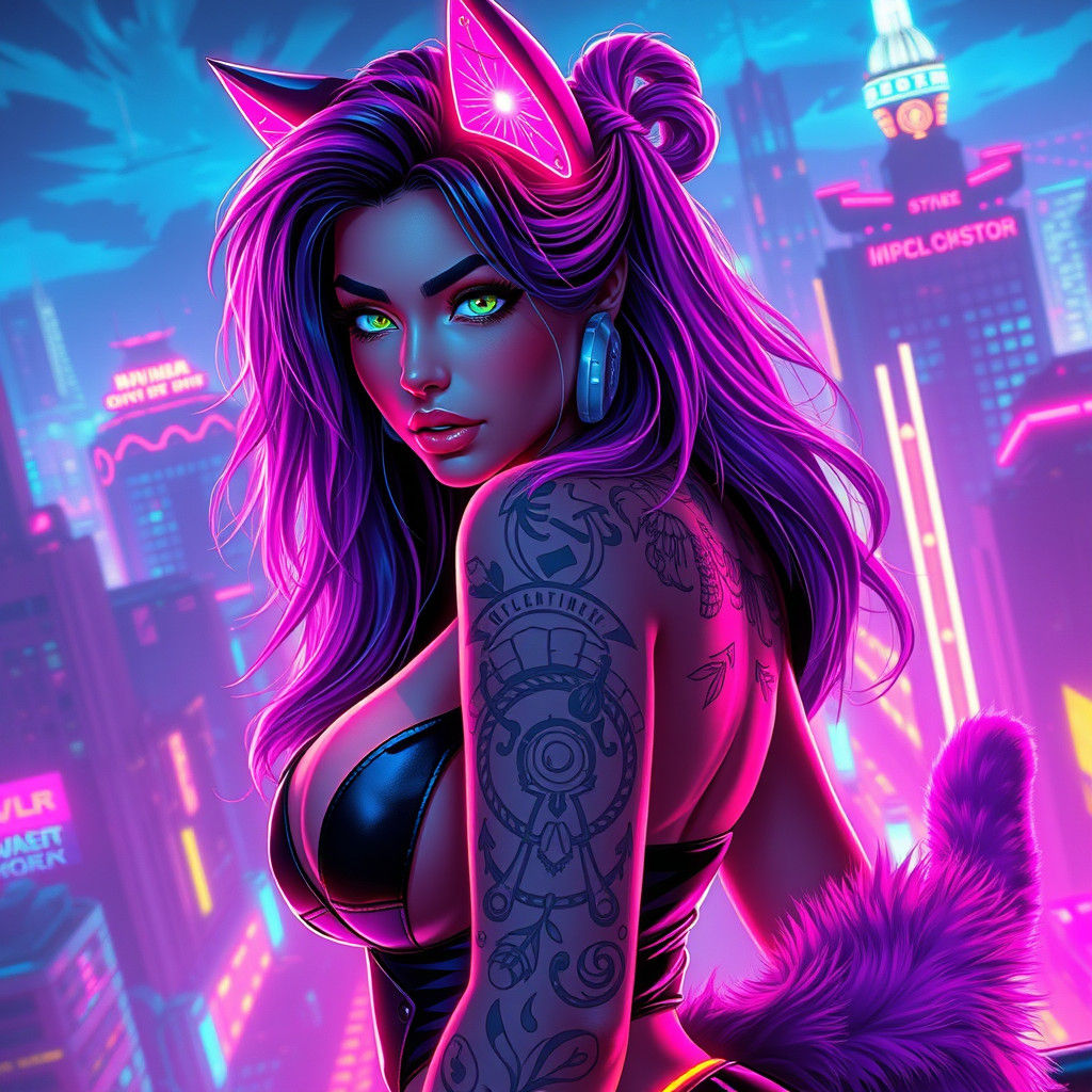 Cyberpunk Woman with Neon Accents in Futuristic Cityscape