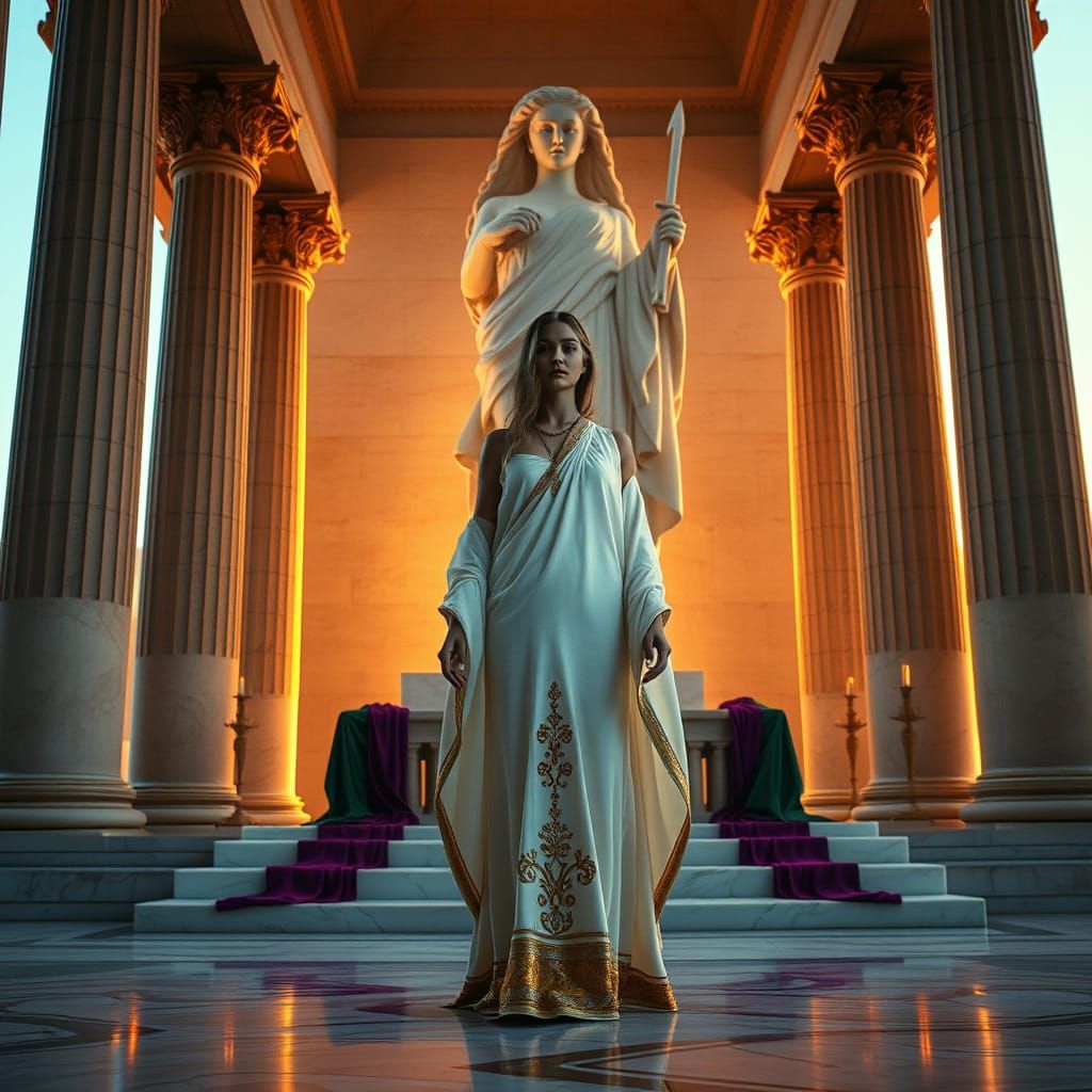 Ancient Greek Goddess on Marble Altar in Grand Temple