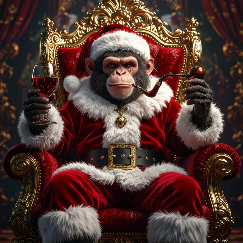 Monkey Santa Claus on Throne with Wine and Pipe