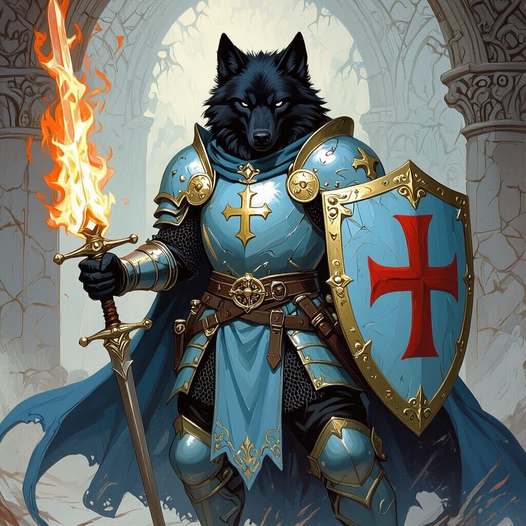 Armored Wolf with Flaming Sword in Medieval Scene