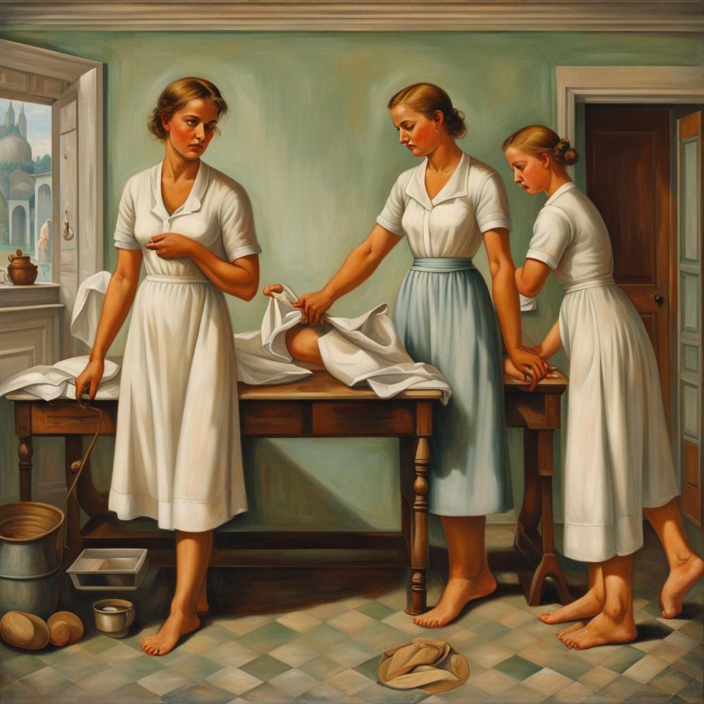 Soviet Realist Mural: Women Working as Maids