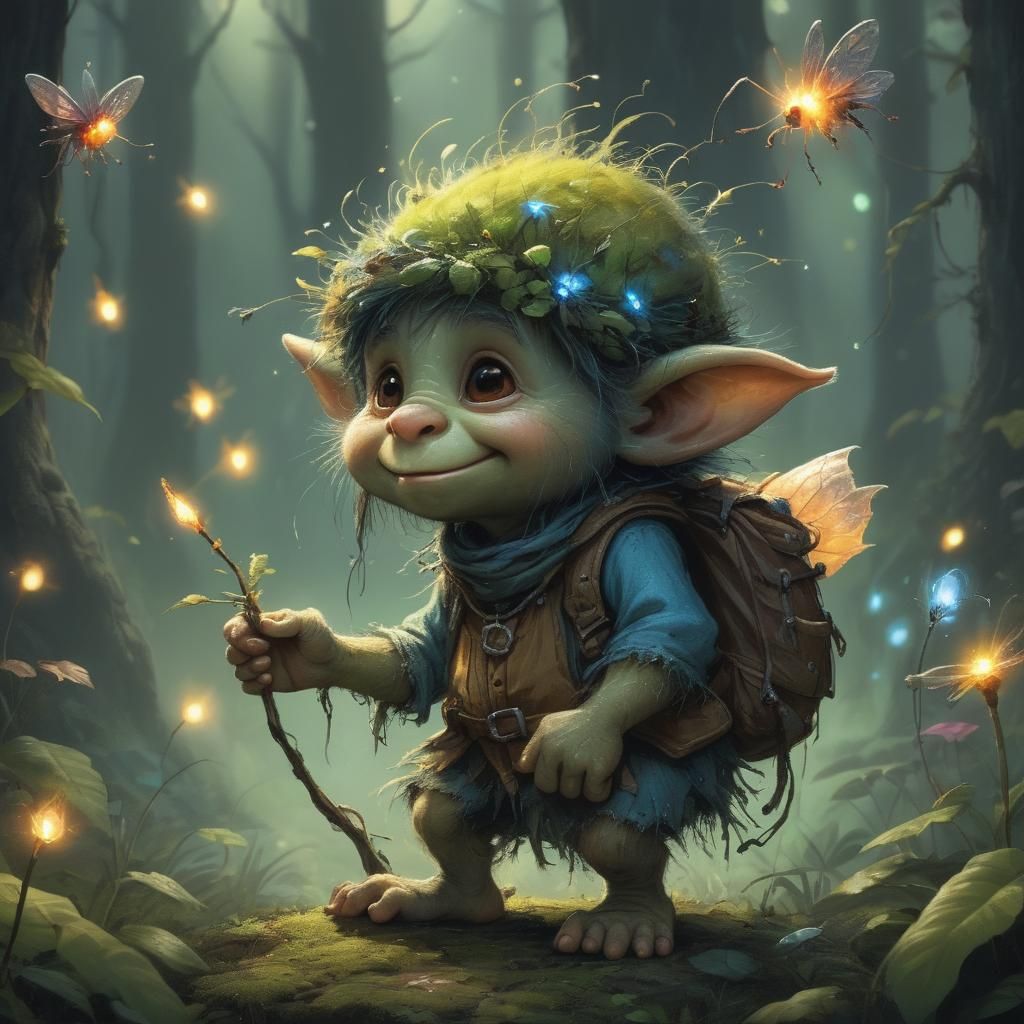 Baby Troll Chasing Fireflies in Enchanted Forest