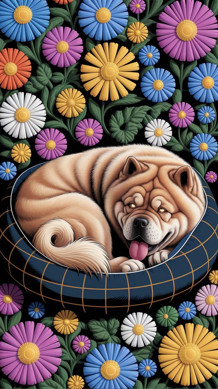 Chow Chow Dog Sleeping in Flowers